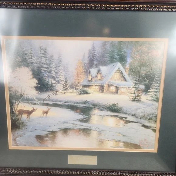 Thomas Kinkade 'Deer Creek Cottage' Double Mat Winter Landscape Art with Deer - Picture 2 of 9